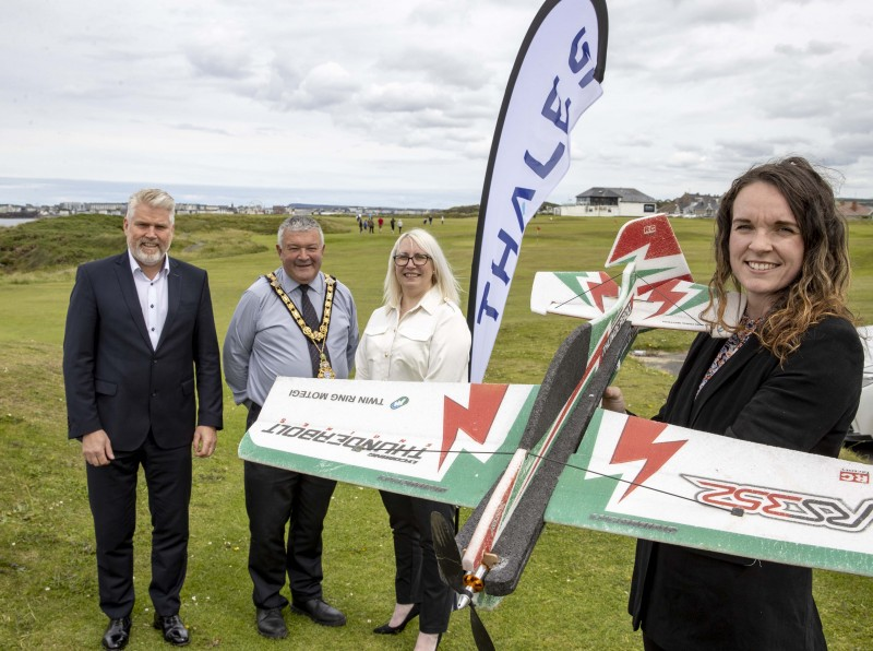 The Mayor of Causeway Coast and Glens Borough Council Councillor Ivor Wallace pictured with Alana Colenso, Lyle Creighton and Laura Hamilton from Thales, new joint title sponsor of the NI International Air Show.