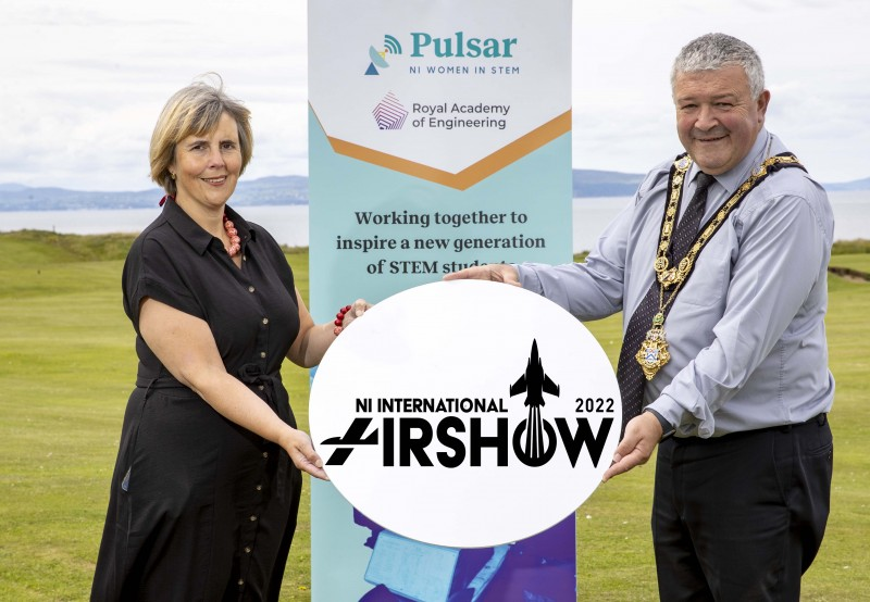 Gillian Gregg from Pulsar, sponsor of the STEM Village at the NI International Air Show which takes place in Portrush on September 10th and 11th, pictured with the Mayor of Causeway Coast and Glens Borough Council Councillor Ivor Wallace.