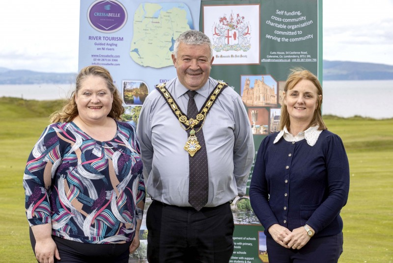 Catherine Deery and Noeleen McKillop representing The Honourable The Irish Society who are sponsoring the Red Arrows aircraft display at the NI International Air Show along with the Mayor of Causeway Coast and Glens Borough Council Councillor Ivor Wallace.