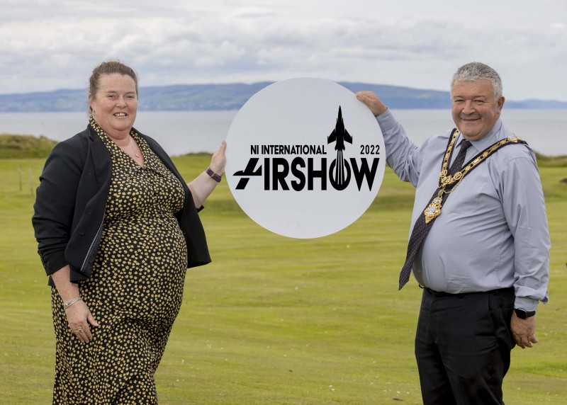 Natasha Garrott from Portrush Atlantic Hotel, sponsors of the RAF Typhoon aircraft display, pictured with the Mayor of Causeway Coast and Glens Borough Council Councillor Ivor Wallace ahead of the return of the NI International Air Show to Portrush on September 10th and 11th.