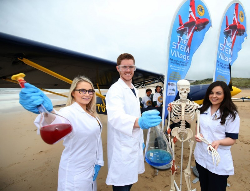 Representatives from the Northern Regional College, North West Regional College and Ulster University help to launch the STEM Village which returns to Air Waves Portrush on Saturday 1st September and Sunday 2nd September with over 20 exhibitors showcasing the opportunities which STEM subjects can offer.