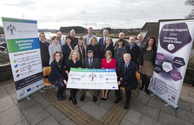 Pictured at the launch of the Alchemy Growth Programme for businesses are Louise Pollock, Economic Development Officer, Causeway Coast and Glens Borough Council, Tara Herron, Invest NI, Councillor George Duddy, Chair of Causeway Coast and Glens Borough Council’s Leisure & Development committee.  Deirdre Fitzpatrick, D. Fitzpatrick & Associates, Martin Clark, Business Development Manager, Causeway Coast and Glens Borough Council along with business support partners and mentors who will deliver mentoring, workshops and networking events to businesses in the Borough to grow, create jobs and explore the potential to export into new markets.