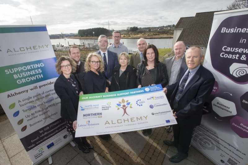 Business support partners from Labour Relations Agency, Invest NI, Intertrade Ireland, Northern Regional College, Department for Communities (Jobs & Benefits), NW Regional College, Causeway Enterprise Agency and Roe Valley Enterprises and Causeway Coast and Glens Borough Council pictured at the launch of the Alchemy Growth Programme.