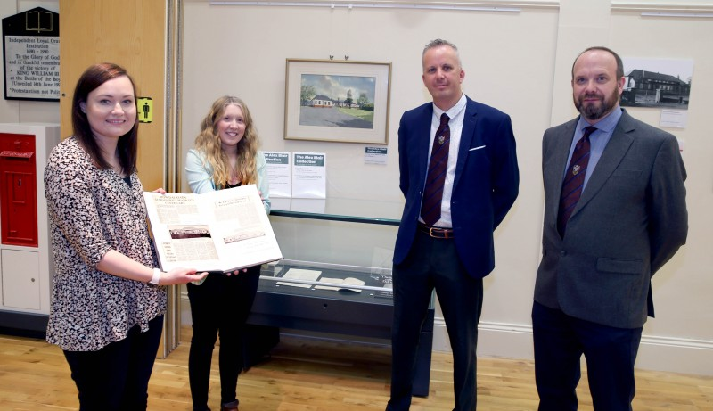 Pictured at Ballymoney Museum where a new exhibition showcasing the personal collection of Alex Blair is now open are Museum Assistant, Rachel Archibald and Museum Officer, Jamie Austin, with Principal Ian Walker, and Bert Johnston of Dalriada School. Alex Blair had a life-long association with the school and it has donated some items to the exhibition