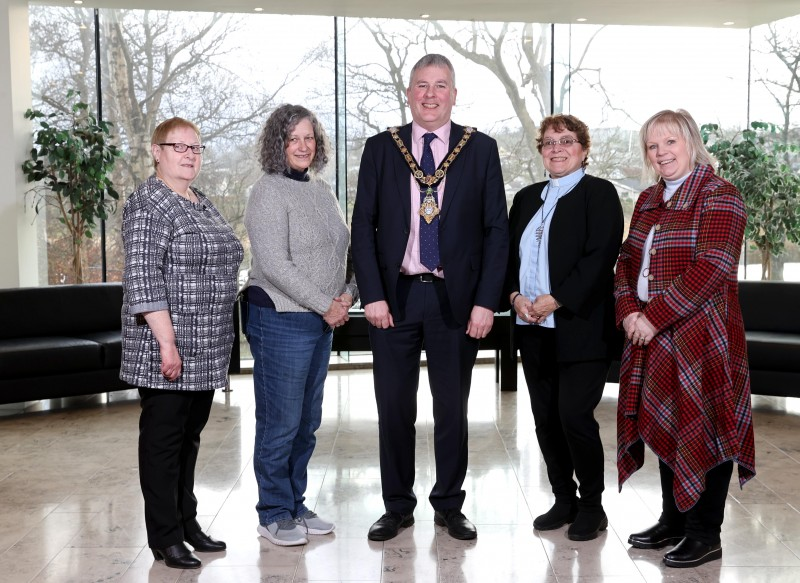 Pictured in Cloonavin (left-right) are Lynda McAuley, Aghadowey Rural Kinship Treasurer, Linda Jean Harvey from Londonderry Presbyterian Church in New Hampshire, the Mayor of Causeway Coast and Glens Borough Council Councillor Richard Holmes, Pastor Karla Dias from Londonderry Presbyterian Church and Alderman Michelle Knight-McQuillan.