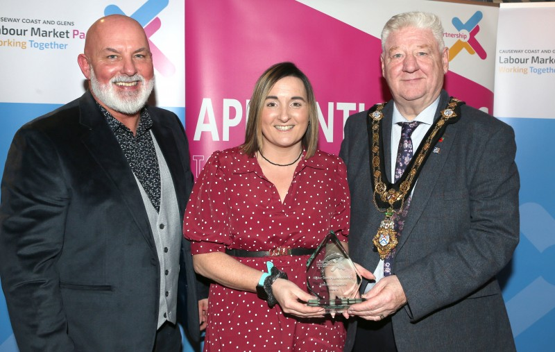 Mayor of Causeway Coast and Glens, Councillor Steven Callaghan alongside Labour Market Partnership Manager, Marc McGerty presenting Carrie McClements with a Special Recognition Award.