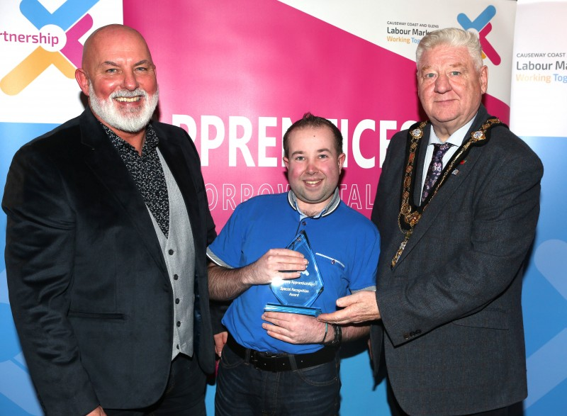 Mayor of Causeway Coast and Glens, Councillor Steven Callaghan alongside Labour Market Partnership Manager, Marc McGerty presenting Danny Gilmore with a Special Recognition Award.