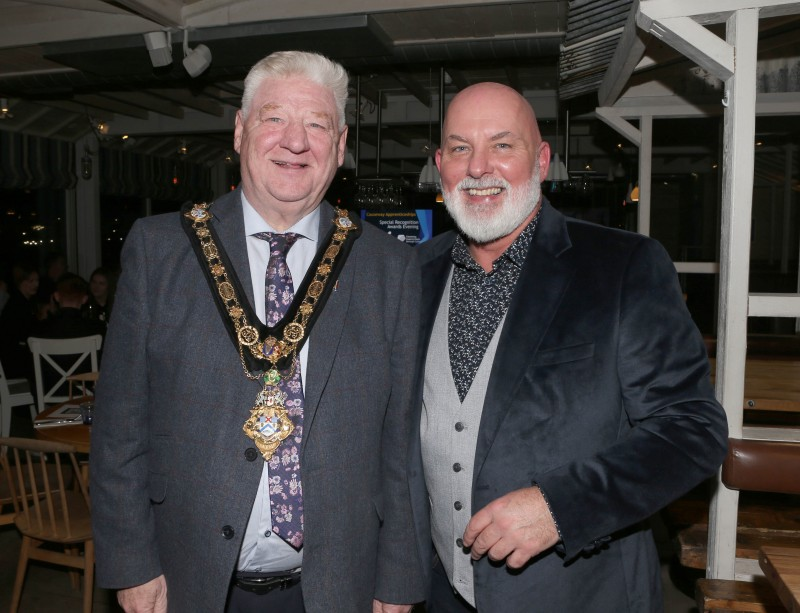 Mayor of Causeway Coast and Glens, Councillor Steven Callaghan alongside Labour Market Partnership Manager, Marc McGerty at the Special Recognition Awards evening in the Ramore Complex, Portrush.