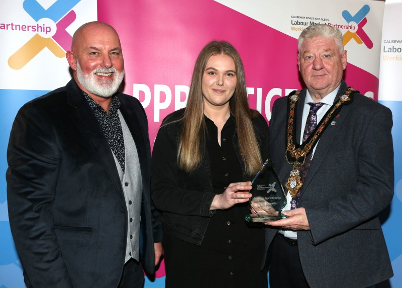 Mayor of Causeway Coast and Glens, Councillor Steven Callaghan alongside Labour Market Partnership Manager, Marc McGerty presenting Stephanie Hamilton with a Special Recognition Award