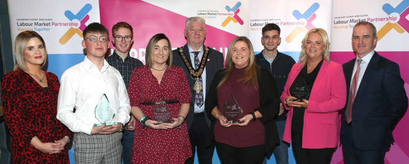 Mayor of Causeway Coast and Glens, Councillor Steven Callaghan with Helen McGonigal from NWRC, Shea McIlwee, Timothy Gilmore, Carrie McClements, Michala Dougherty, Matthew Nicholl, Roisin McCloskey and Patrick McKeown from NWRC.