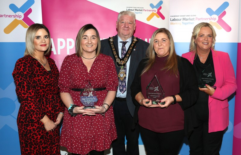 Mayor of Causeway Coast and Glens, Councillor Steven Callaghan with Helen McGonigal from NWRC, Carrie McClements, Michala Dougherty and Roisin McCloskey.