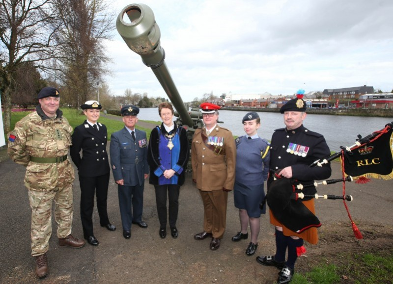 Looking forward to Armed Forces Day which will be celebrated in Coleraine on Saturday 23rd June are Captain A Arnold, Midshipman Dornan, WO Les Hotson, the Mayor of Causeway Coast and Glens Borough Council Councillor Joan Baird OBE, Major JD Taylor and Rebecca McFetridge. Armed Forces Day provides an opportunity to say ‘thank you’ to troops, families, veterans and cadets. It's the first time the regional showcase has been held in Coleraine.