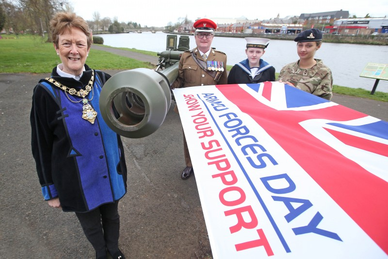 Looking forward to Armed Forces Day which will be celebrated in Coleraine on Saturday 23rd June are the Mayor of Causeway Coast and Glens Borough Council Councillor Joan Baird OBE, Major JD Taylor and Athena Dunlop and Laura Pipinska from Portrush Sea Cadets. Armed Forces Day provides an opportunity to say ‘thank you’ to troops, families, veterans and cadets. It's the first time the regional showcase has been held in Coleraine.