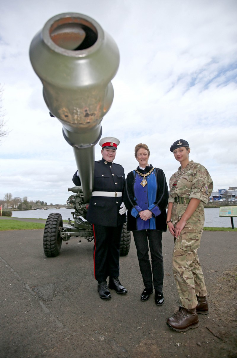 Robert Douglas and Laura Pipinska from Portrush Sea Cadets pictured with the Mayor of Causeway Coast and Glens Borough Council Councillor Joan Baird OBE at the launch of Armed Forces Day which will take place in Coleraine on Saturday 23rd June. Armed Forces Day provides an opportunity to say ‘thank you’ to troops, families, veterans and cadets. It's the first time the regional showcase has been held in Coleraine.