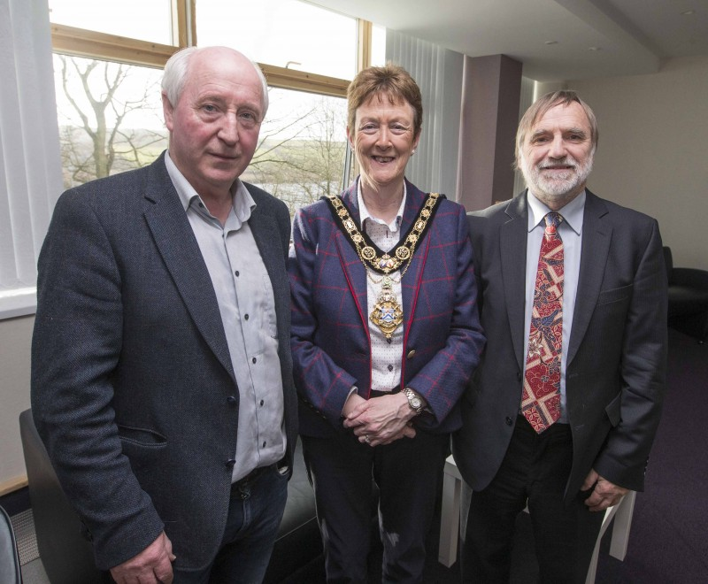 Gerry Burns and John Ward from Armoy Community Association pictured with the Mayor of Causeway Coast and Glens Borough Council, Councillor Joan Baird OBE.