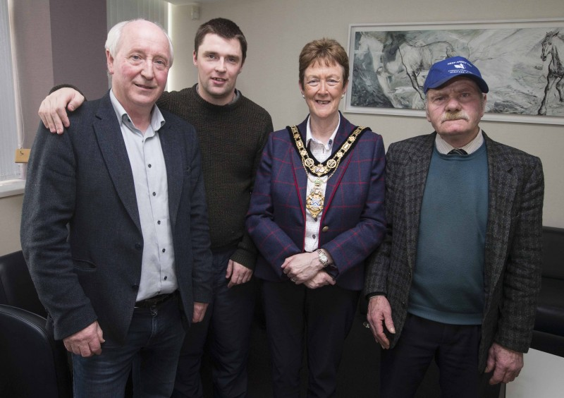 Gerry Burns, Padraig McFetridge and Eddie McLean pictured with the Mayor of Causeway Coast and Glens Borough Council, Councillor Joan Baird OBE.