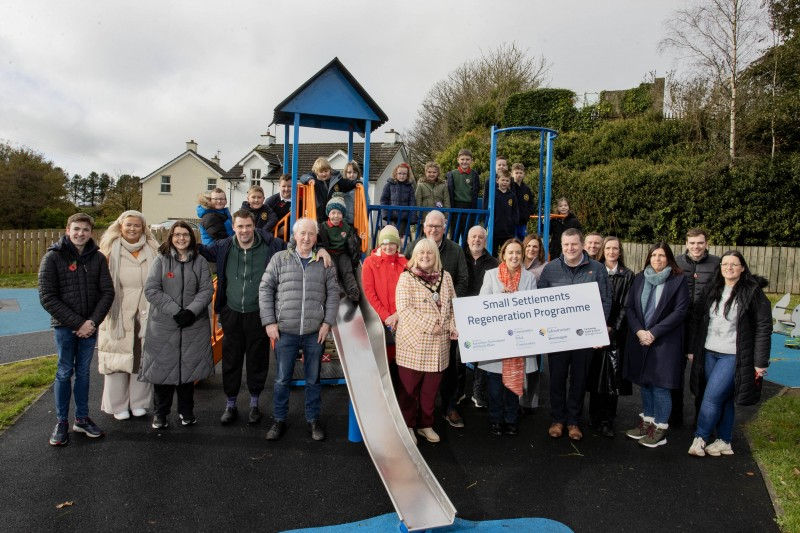 Elected members, Council staff, Department for Communities officials, local residents and pupils from St Olcan’s PS and Armoy PS at the launch of the revamped Armoy Playpark.