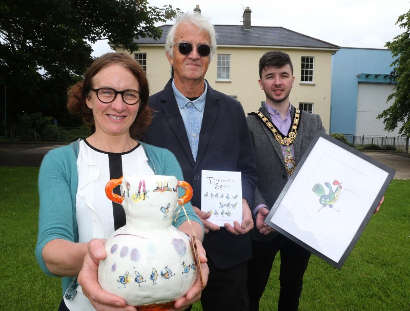 The Mayor of Causeway Coast and Glens Borough Council Councillor Sean Bateson pictured with Corrina Askin, the first Springhall Artist in Residence at Flowerfield Arts Centre, along with Christopher Springhall, brother of the late John Springhall, who bequeathed a generous donation to Flowerfield Arts Centre which made the residency possible.