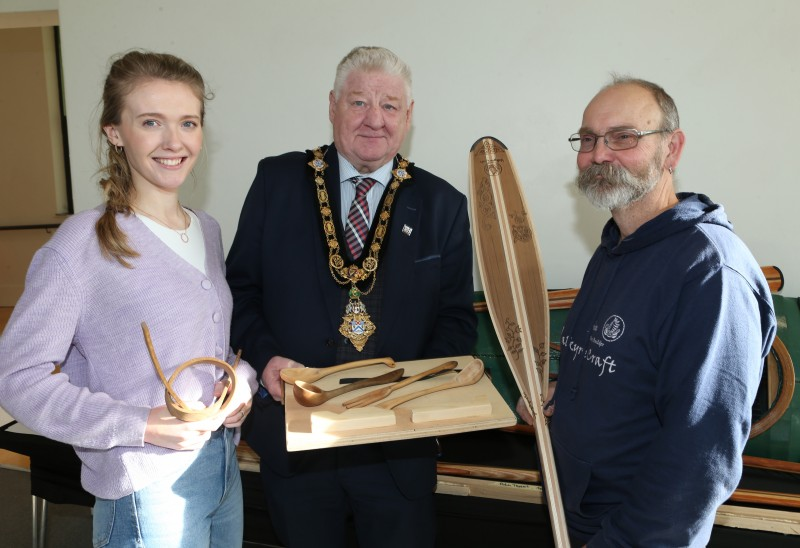 Katie Russell, International Media Visits Executive - Tourism Northern Ireland and John Wilkinson, Valkyrie Crafts with the Mayor, Councillor Steven Callaghan at the Causeway Craft Trail event in Flowerfield Art Centre.