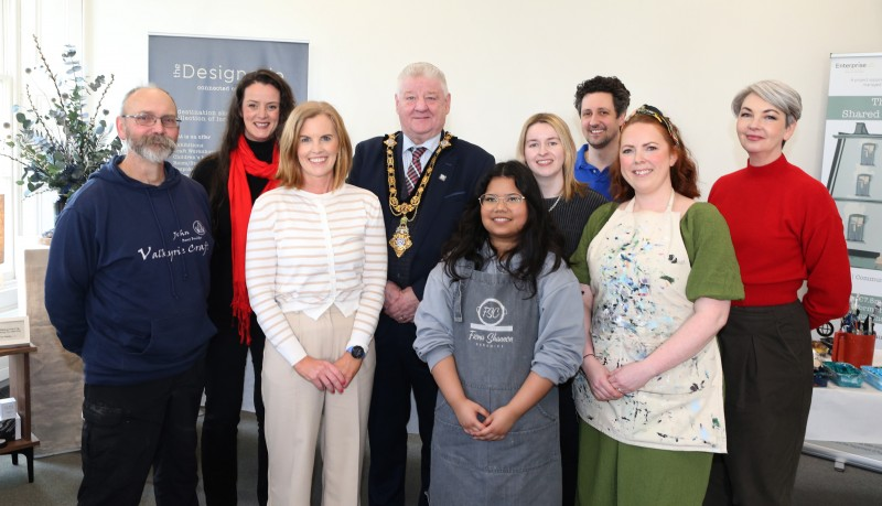 Gathered at the Causeway Craft Trail event in Flowerfield Art Centre are (L-R) John Wilkinson (Valkyrie Crafts), Emma Thorpe (Stone Row Artisans), Kerrie McGonigle (Council’s Destination Manager), Mayor of Causeway Coast and Glens, Councillor Steven Callaghan, Lucy Hutchinson (Fiona Shannon Ceramics), Laura McIlveen (The Designerie), Adam Frew (Ceramics Artist), Maud McArthur (The Designerie) and Claire McDowell (Stone Row Artisans).