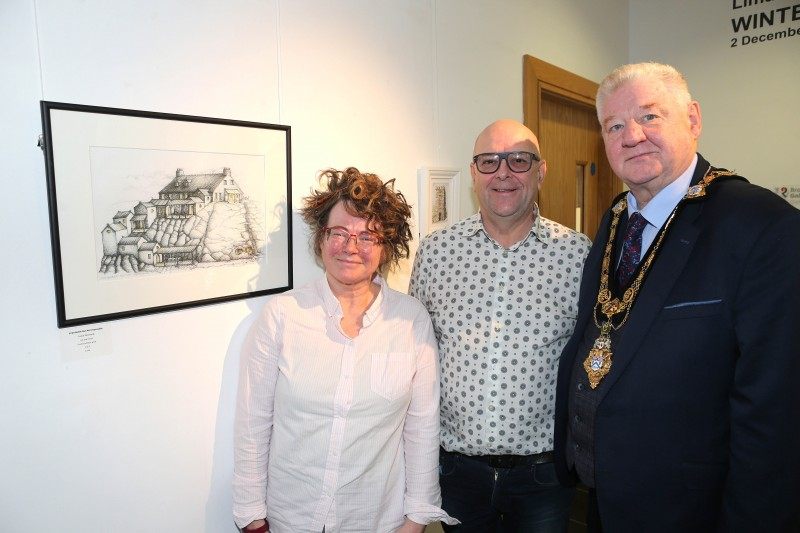 Pictured at the opening of Limavady Art Group’s Winter Exhibition is, Mayor of Causeway Coast and Glens, Councillor Steven Callaghan alongside Council staff member Billy Coyles and Louie Winward (class tutor).