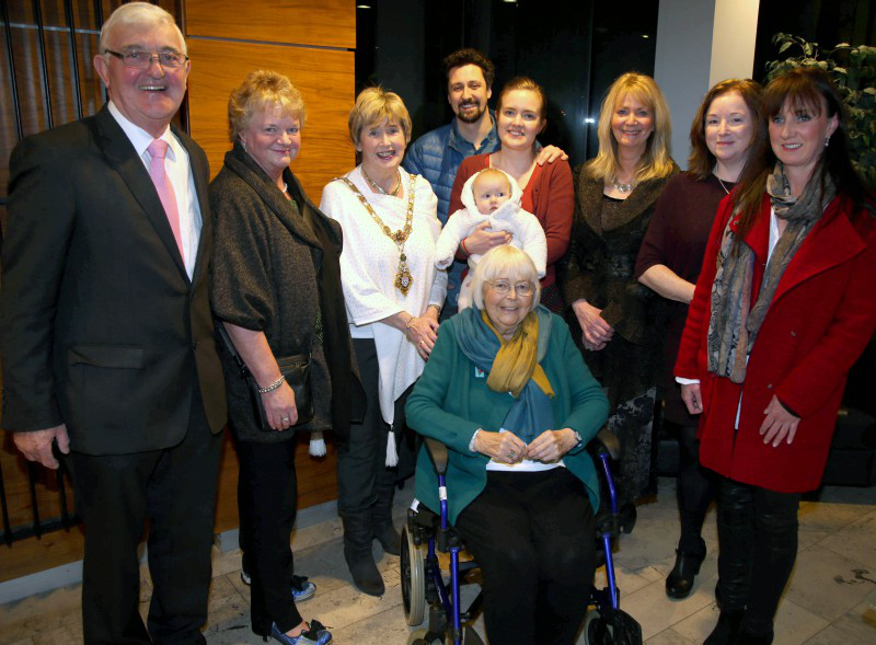 The Mayor of Causeway Coast and Glens Borough Council, Alderman Maura Hickey, pictured with special guest Carol Hutton, and some of those who attended a reception to mark her contribution to the arts sector.