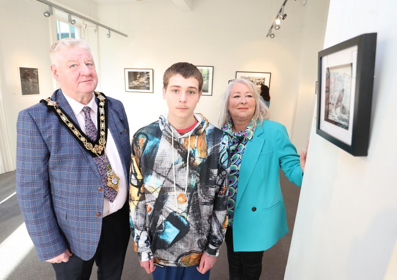 Mayor of Causeway Coast and Glens, Councillor Steven Callaghan with artist Debra Black and Charlie Mitchell.
