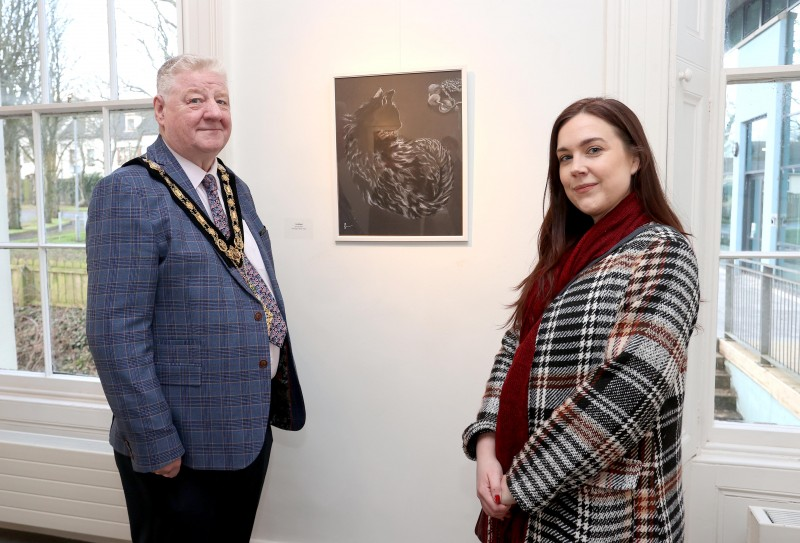 Mayor, Councillor Steven Callaghan with artist Erin Scullion at Flowerfield Arts Centre.