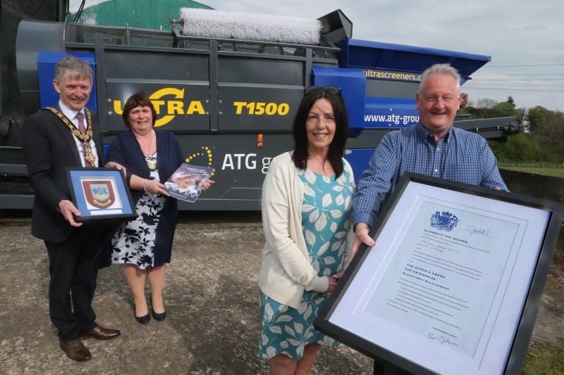 Dr Mark McKinney and Jacqui McKinney from the ATG Group display the Queen’s Award for Sustainable Development alongside the Mayor of Causeway Coast and Glens Borough Council Alderman Mark Fielding and the Mayoress Mrs Phyllis Fielding.