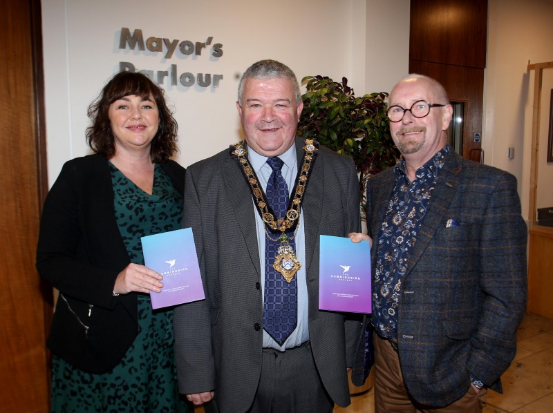 Donna Makhsous and James McAleese from the Hummingbird Project in Portstewart, Highly Commended in the Outstanding Team category at the Social Enterprise NI Awards, pictured with the Mayor of Causeway Coast and Glens Borough Council, Councillor Ivor Wallace.