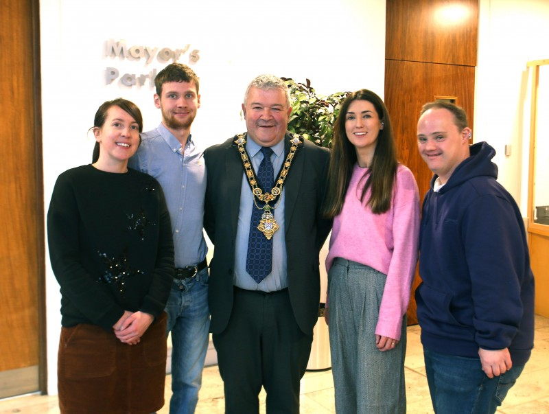 Kim Anderson, Clare Cushanhan, Curtis Hillis and Jason Smyth from CAN Compass Advocacy Network (Ballymoney), winner of the Health and Well-being Award at the Social Enterprise NI Awards, pictured with the Mayor of Causeway Coast and Glens Borough Council, Councillor Ivor Wallac
