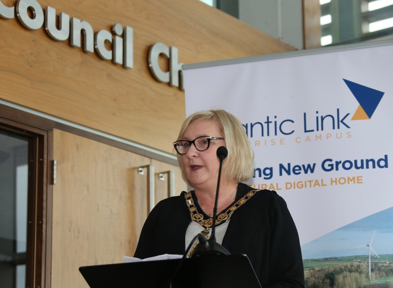 The Mayor of Causeway Coast and Glens Borough Council, Councillor Brenda Chivers pictured speaking at the development brief launch of the Atlantic Link Enterprise Campus.