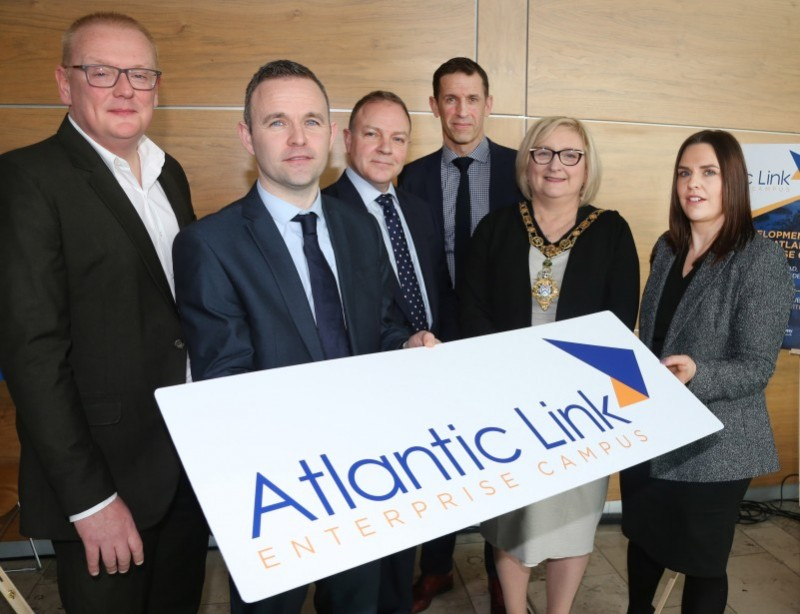 The Mayor of Causeway Coast and Glens Borough Council, Councillor Brenda Chivers pictured at the launch of the development brief of the Atlantic Link Enterprise Campus in Coleraine with Paul Beattie, Head of Prosperity and Place, Causeway Coast and Glens Borough Council, Niall Mc Gurk, Strategic Projects Manager, Causeway Coast and Glens Borough Council, Paul Besley, General Manager at 5NINES, Richard Baker, Director of Leisure and Development, Causeway Coast and Glens Borough Council and Lisa Mc Ateer, Director at CBRE.