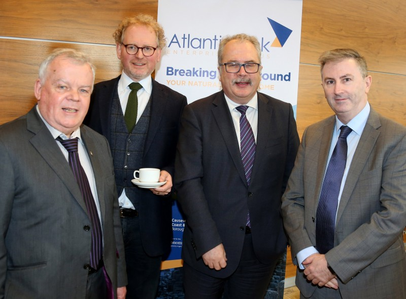 John Dallat MLA, Murray Bell, Causeway Chamber of Commerce President, Ian Donaghey and Brendan Smyth pictured at the Atlantic Link Enterprise Campus development brief launch in Cloonavin.