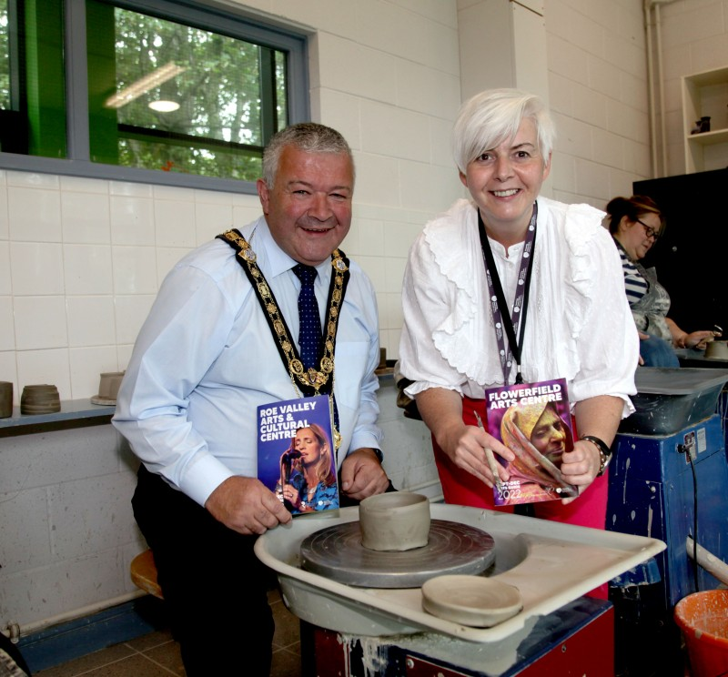 The Mayor of Causeway Coast and Glens Council, Councillor Ivor Wallace with Shauna McNeilly Arts Facilities Officer