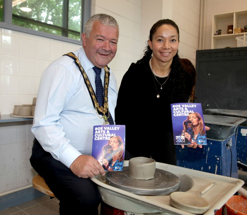 The Mayor of Causeway Coast and Glens Council, Councillor Ivor Wallace with Esther Alleyne Arts Facilities Officer