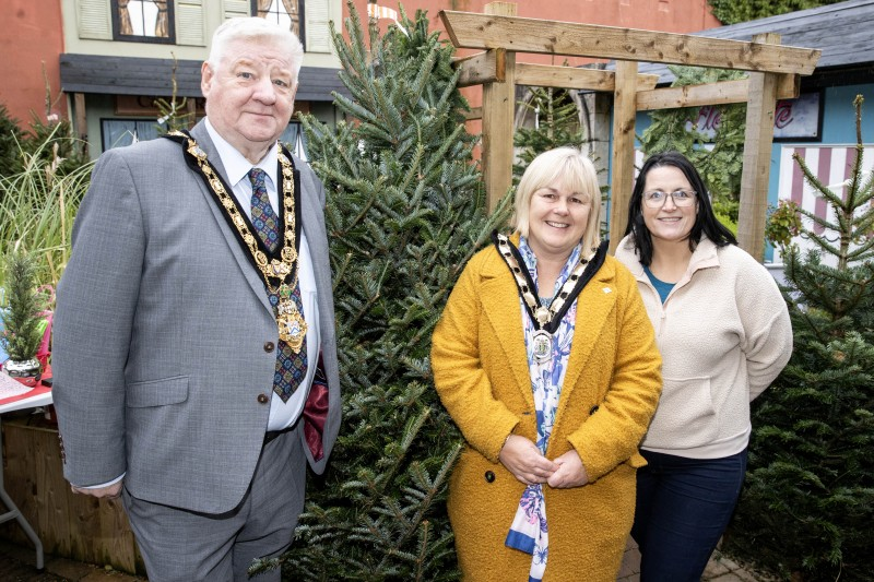 The Mayor, Councillor Steven Callaghan and Deputy Mayor, Councillor Margaret-Anne  McKillop pictured with Ruth McNeill of the Armoy Community Association who will join with  the Deputy Mayor on Saturday 2nd December for the start of her December walking  challenge for RNLI.