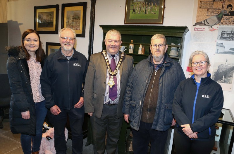 Left to right – Rachel Archibald, Museum Officer, Roger Perritt, Museum Volunteer, Mayor of Causeway Coast and Glens, Cllr Ivor Wallace, Museum Volunteers James Anderson McCurdy and Melanie Brown