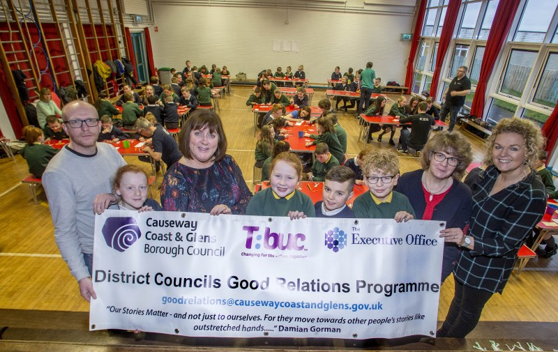 Pupils and representatives from St Brigid’s Primary School in Ballymoney and Leaney Primary School including Gary Magee and Leona Campbell, and Causeway Coast and Glens Borough Council’s Good Relations pictured at their recent Shared Education event.
