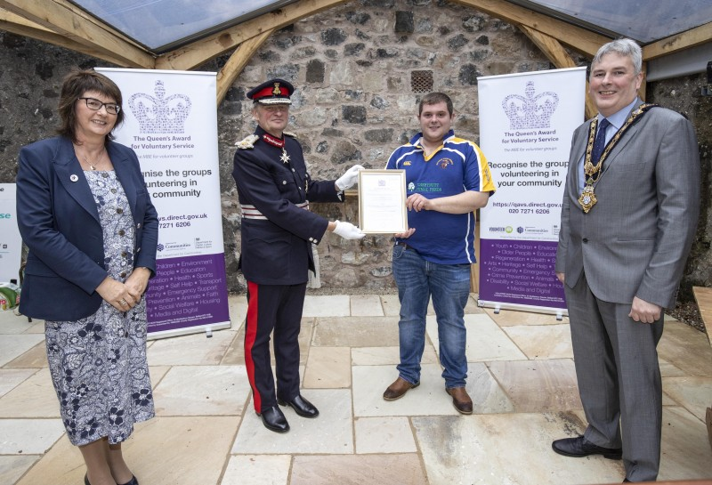 Pictured at a special event to mark the presentation of the Queen’s Award for Voluntary Service (QAVS) to North Antrim Agricultural Association are Sandra Adair MBE (NI Representative on the QAVS Assessment Committee), Lord Lieutenant for County Antrim Mr David McCorkell, Matthew McLean (Moycraig YFC Leader) and the Mayor of Causeway Coast and Glens Borough Council Councillor Richard Holmes