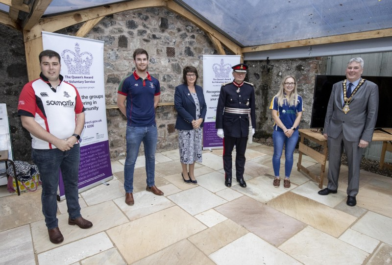 Pictured at a special event to mark the presentation of the Queen’s Award for Voluntary Service (QAVS) to North Antrim Agricultural Association are James Kirkpatrick (Kilraughts YFC Leader), Ryan Gamble (Finvoy YFC Secretary), Sandra Adair MBE (NI Representative on the QAVS Assessment Committee), Lord Lieutenant for County Antrim Mr David McCorkell, Rachel Smith (Moycraig YFC Secretary) and the Mayor of Causeway Coast and Glens Borough Council Councillor Richard Holmes.