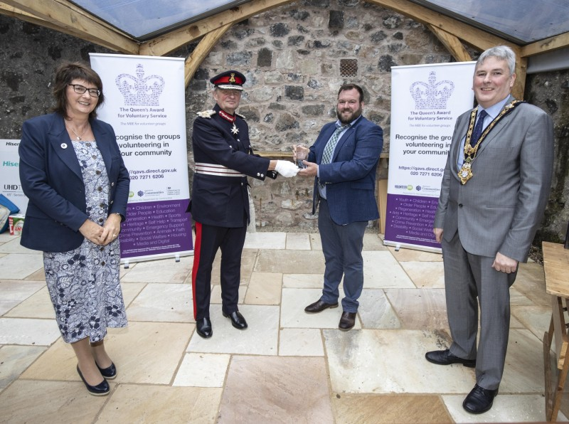 Pictured at a special event to mark the presentation of the Queen’s Award for Voluntary Service (QAVS) to North Antrim Agricultural Association are Sandra Adair MBE (NI Representative on the QAVS Assessment Committee), Lord Lieutenant for County Antrim Mr David McCorkell, Robert Shannon (Chairperson of Ballymoney Show Committee) and the Mayor of Causeway Coast and Glens Borough Council Councillor Richard Holmes.