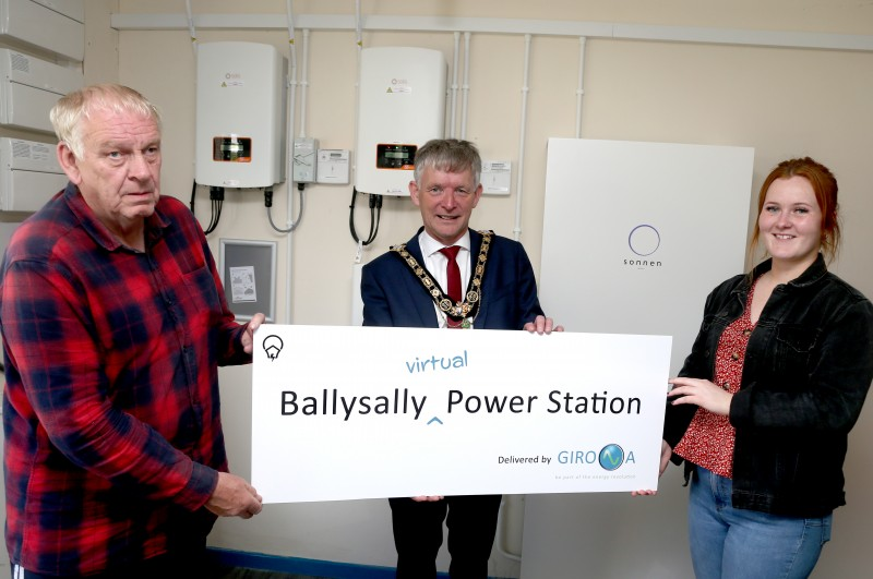 The Mayor of Causeway Coast and Glens Borough Council Alderman Mark Fielding pictured with Samantha Watt and Adrian Eakin in the Project Girona power station at Ballysally.