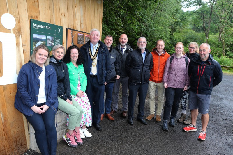 (L-R) Pictured at Banagher Glen are Councillor Kathleen McGurk, Ciara Toner, Sperrins Partnership Project, Siobhan McKenna, Trade and Engagement Officer CCGBC, Mayor Councillor Steven Callaghan, Gerard Tracey, DAERA, Peter Thompson, Head of Tourism and Recreation CCGBC, Philip McShane, Derry City and Strabane District Council, Mark Strong, Coast & Countryside Officer CCGBC, Jessica Hoyle, Tourism Northern Ireland, Lisa Russell, Biodiversity Officer CCGBC, Richard Gillen, Coast & Countryside Manager CCGBC.
