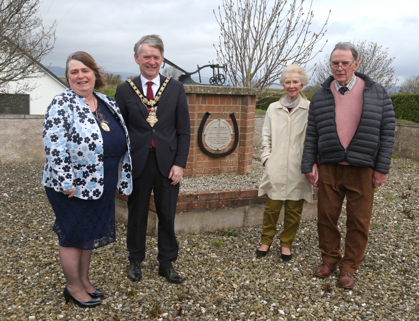The Mayor of Causeway Coast and Glens Borough Council Alderman Mark Fielding and Mayoress Phyllis Fielding pictured with James and Elizabeth Barr at the Cairn of Peace at their home at Foyleview Farm, Ballykelly during a visit to mark the couple’s Diamond wedding anniversary.