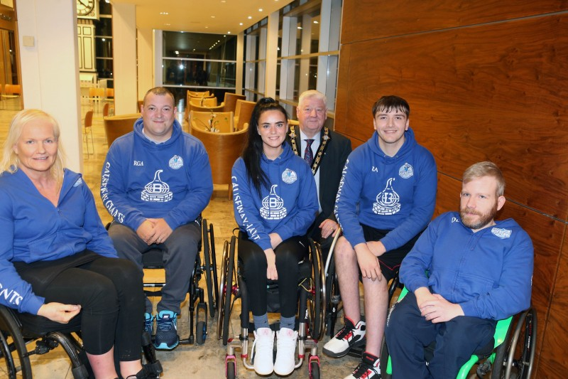Members of the Causeway Giants Wheelchair Basketball Team pictured at Council’s Civic Headquarters, Cloonavin (l-r) Lisa Boyle, Ryan Archibald, the Mayor, Councillor Steven Callaghan, Natalie Kinney (Vice Captain), Daniel Black and Ross Atkinson.