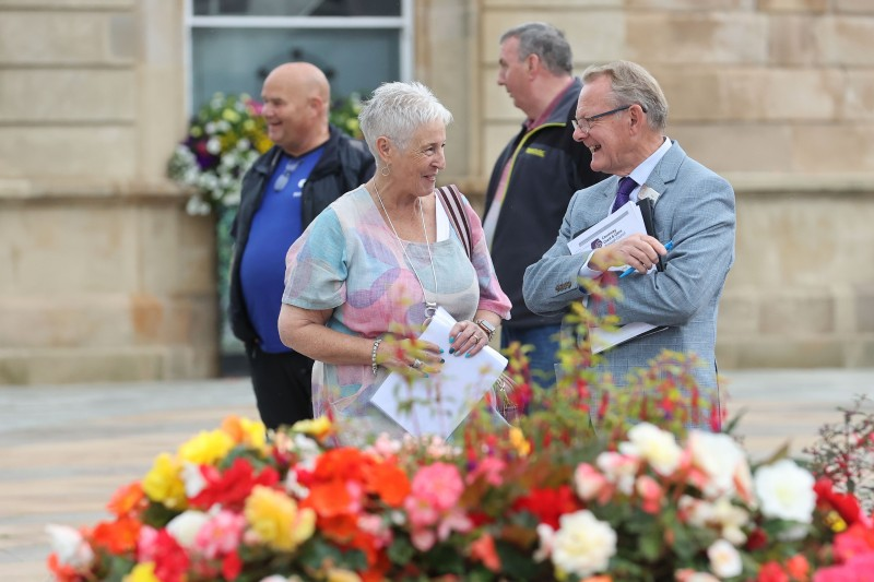 Britain in Bloom judge Rae Beckwith chats to Joanne Honeyford of the Crafty Cuppa Club, who created wonderful handmade displays in Coleraine’s Diamond to celebrate Britain in Bloom 2023.