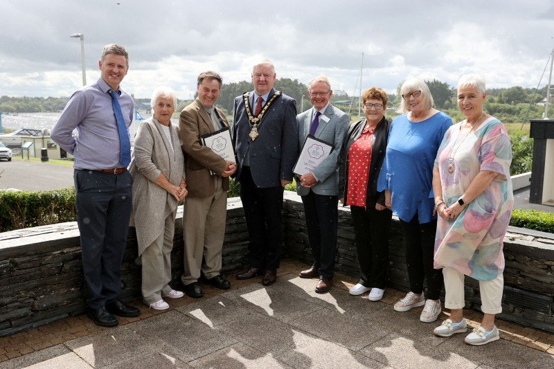 The Mayor, Councillor Steven Callaghan, Britain in Bloom judges Roger Burnett and Rae Beckwith and Noel Davoren, Council's Estates Manager pictured alongside the Crafty Cuppa Club members, Una Calvin, Elizabeth Holmes, Ann McCrellis and Joanne Honeyford. The ladies and the rest of their group created a wonderful welcoming crafted display for Britain in Bloom.