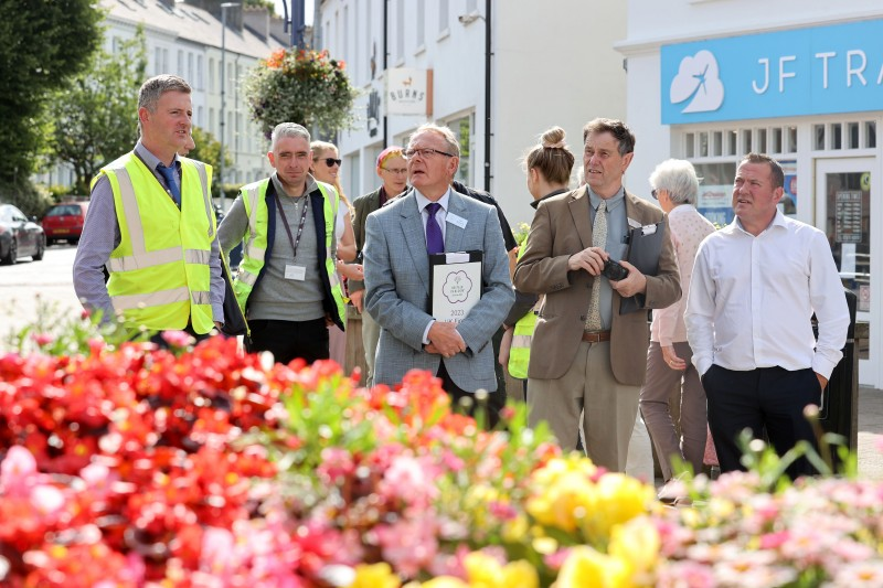 Noel Davoren, Council’s Estates Manager joins some of his team and Britian in Bloom judges Rae Beckwith and Roger Burnett as they review Coleraine’s displays.