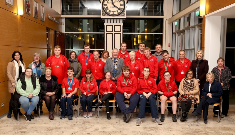 The Mayor of Causeway Coast and Glens Borough Council, Councillor Ivor Wallace, pictured with guests at a reception held in Cloonavin for members of Ballymoney Special Olympics Swimming Club.